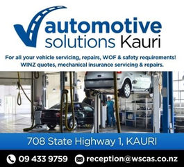 A car is raised on a hoist inside the Automotive Solutions Kauri workshop, with tools and equipment visible around the bay. The ad includes the workshop’s address and contact details, along with a brief description of their services such as diagnostics, brake repairs, electronic engine management, WOFs, and vehicle servicing.