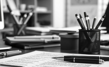 Business, black and white, zoomed in on document on an office desk with pens and office supplies.jpg