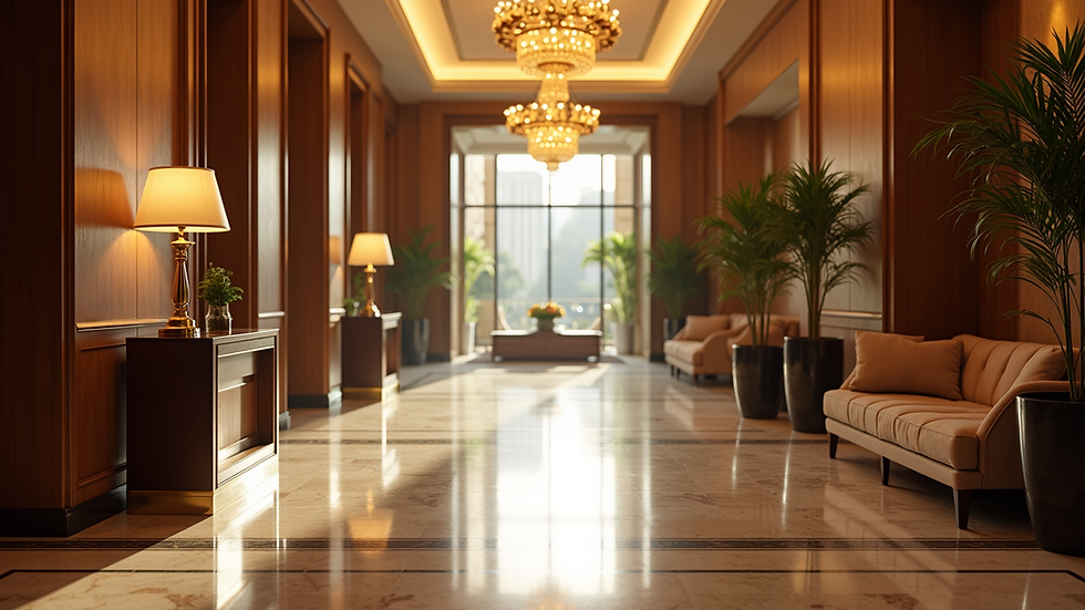 Wide angle view of a luxurious hotel lobby with elegant decor