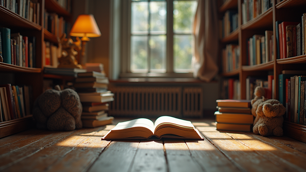 Eye-level view of a cozy reading nook filled with colorful books