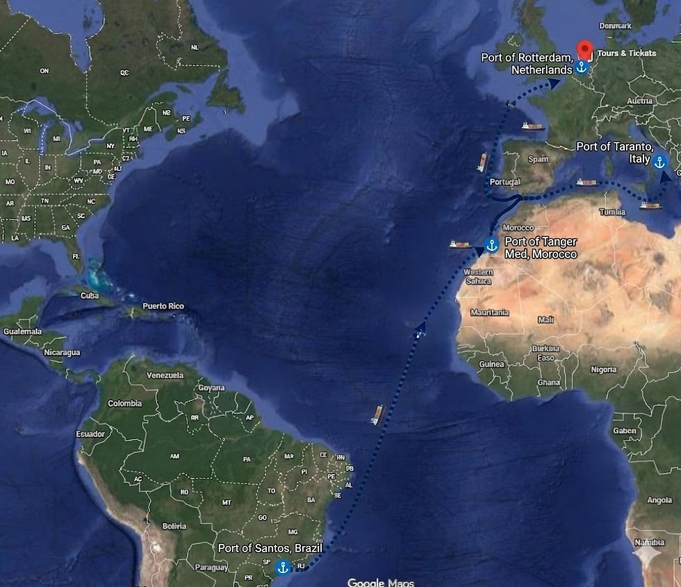 Maersk's Container Ship Carrying our Container of Coffee: Santos, Tanger, Taranto, Rotterdam