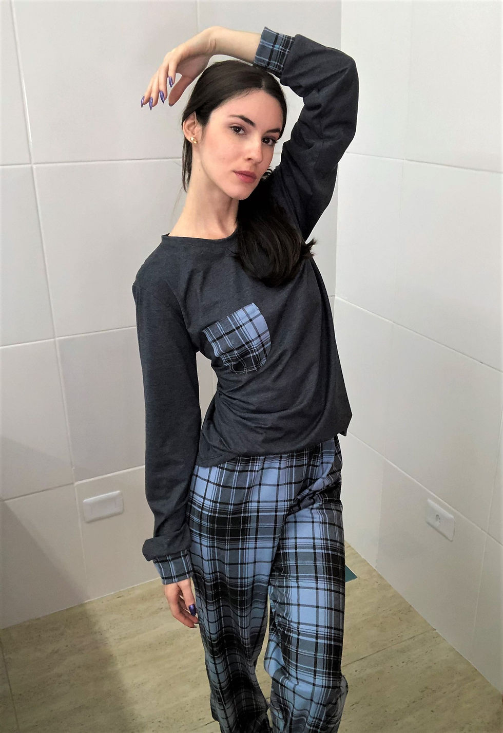 Miniatura: Pijama Manga Longa E Calça – Xadrez Azul