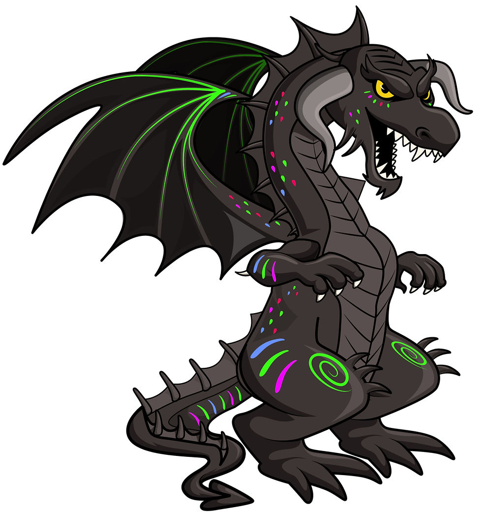 Cartoon dragon with neon green, pink, and blue patterns on dark scales. It shows fierce expression, standing with wings spread.