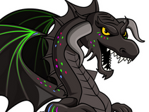 Cartoon dragon with neon green, pink, and blue patterns on dark scales. It shows fierce expression, standing with wings spread.
