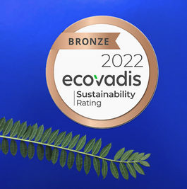 Badge Ecovadis BRONZE 2022 Sustainability Rating avec feuille verte.