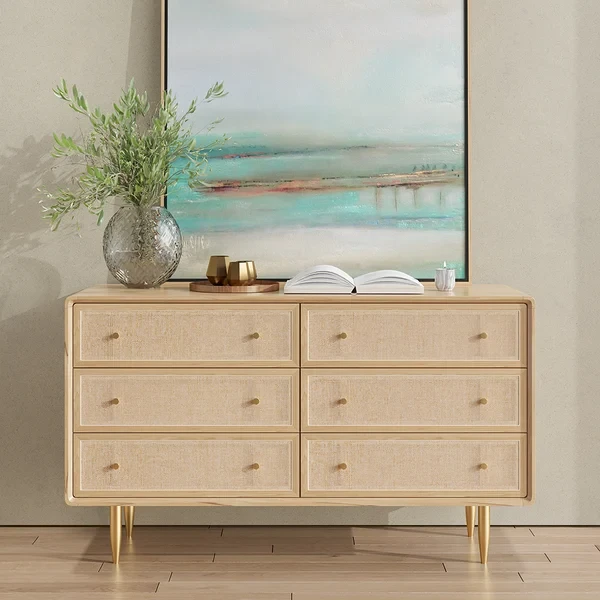 Mid Century Modern Natural Bedroom Dresser with 6 Drawers Rattan Woven in Gold