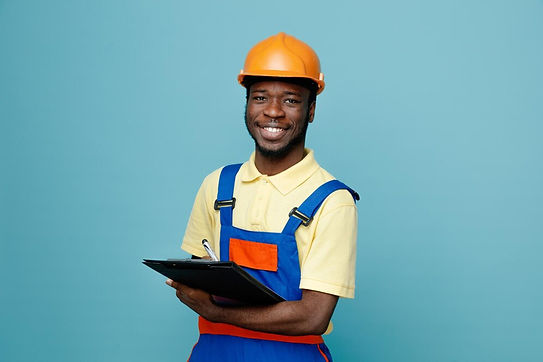 laughing-young-african-american-builder-uniform-holding-clipboard-isolated-blue-background
