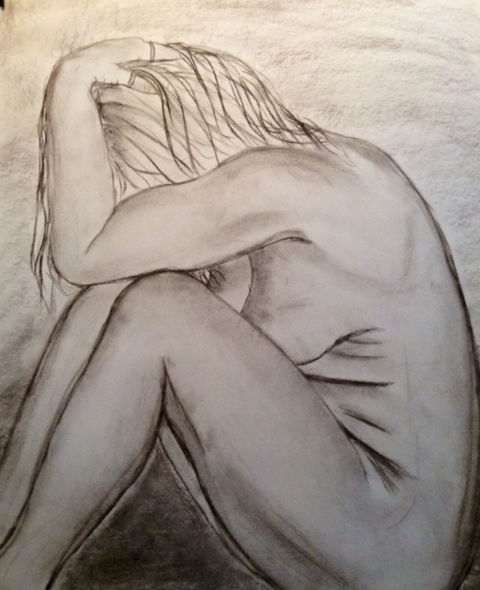 Pencil sketch of woman, head in hands, seated