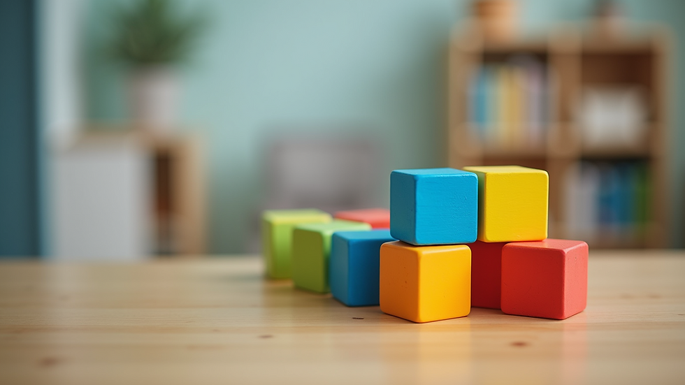 Close-up view of colorful educational blocks arranged on a table
