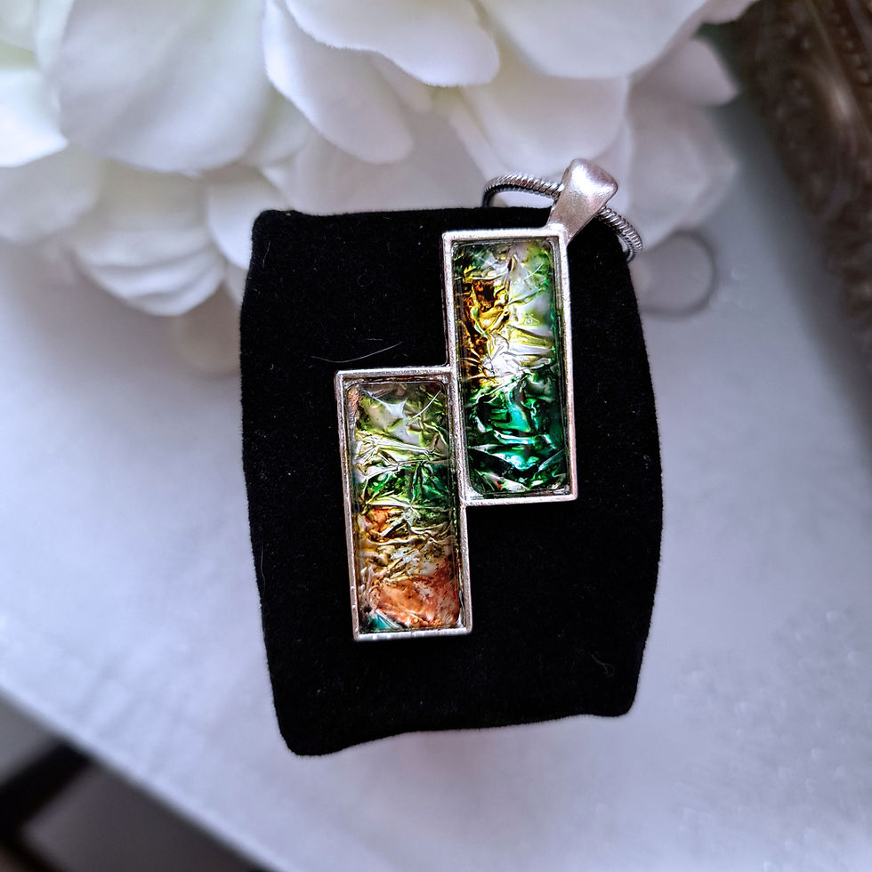 Thumbnail: Artisan Double Cabochon Glass Necklace, Designed with Green, Orange, Gold, Blue Alcohol Ink