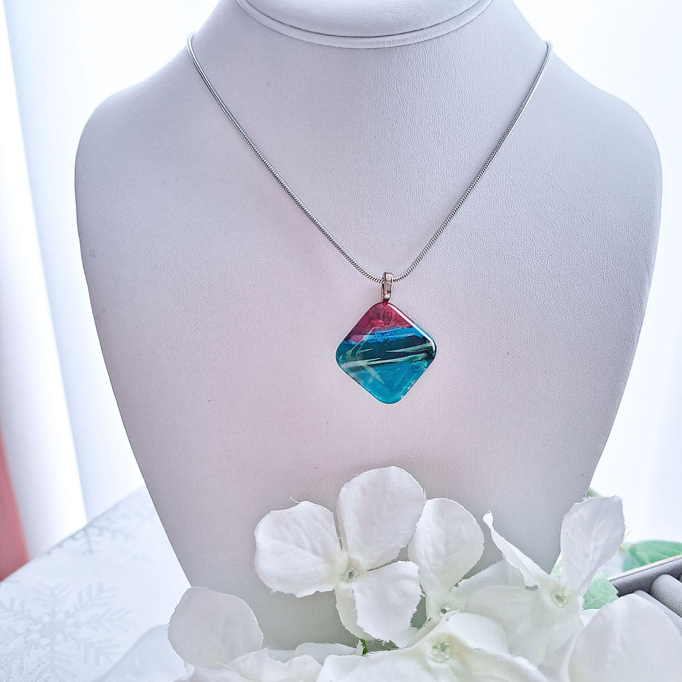 Creative gift, hand painted, alcohol ink square glass necklace, calming seascape colors