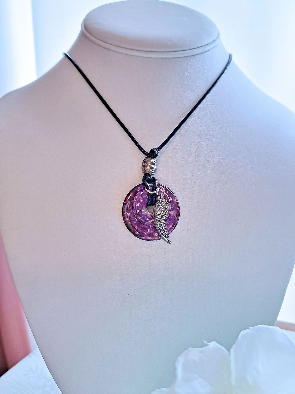 Thumbnail: Unique jewelry, hand painted, alcohol ink washer necklace with angel wing charm