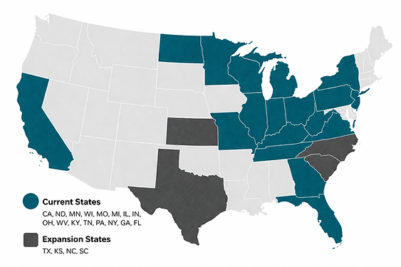 U.S. map highlighting current service states in blue and expansion states in dark gray.