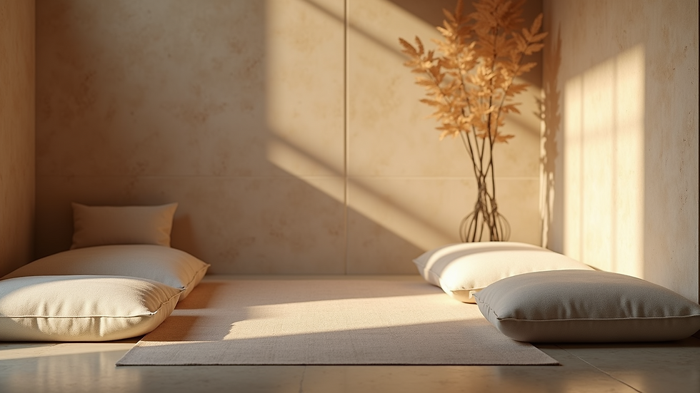 Close-up view of a meditation corner with cushions and soft lighting