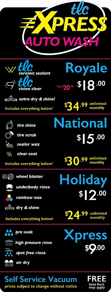TLC Express Auto Wash wash menu showing Royale, National, Holiday, and Xpress packages