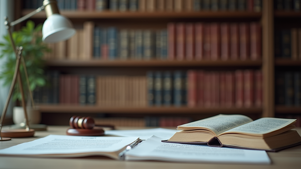 Eye-level view of a lawyer's office with legal books and documents