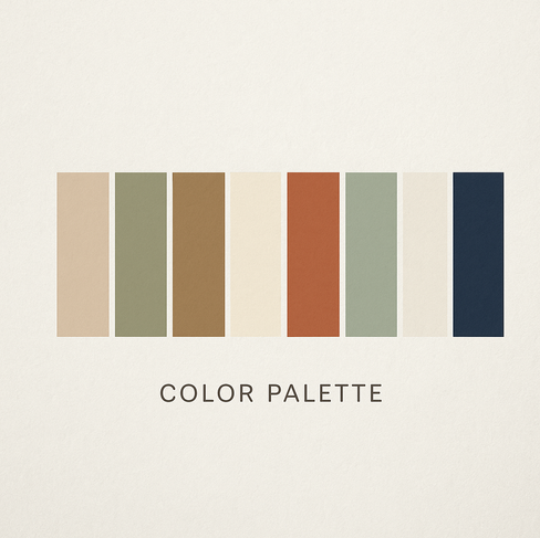 A versatile wardrobe color palette featuring eight earthy and neutral tones: tan, sage, camel, cream, rust, muted green, soft white, and navy blue. Ideal for coordinating family photo session outfits.