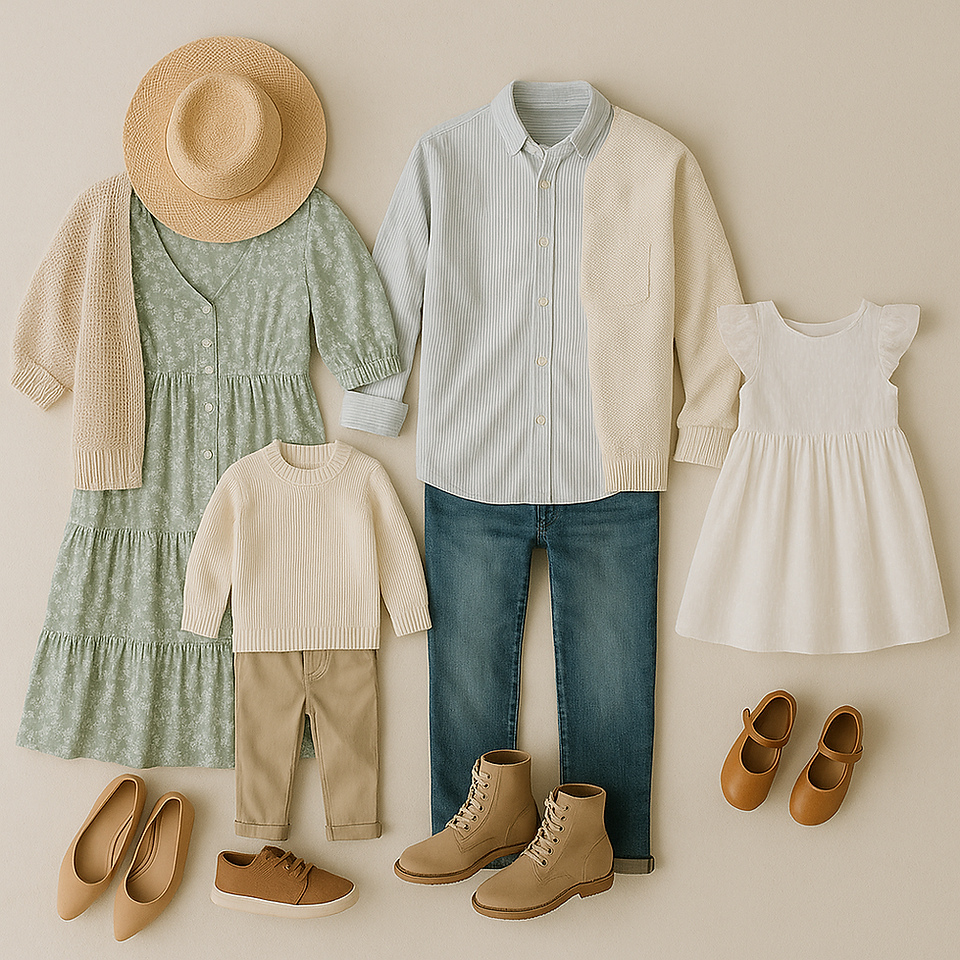 Flat lay of coordinated spring family outfits in soft pastel and neutral tones. Includes a sage green floral dress with cardigan and straw hat, a boy's cream sweater with tan pants, a man's striped button-down with jeans, and a girl's white flutter-sleeve dress with tan Mary Janes—all styled for a light, airy spring photo session.