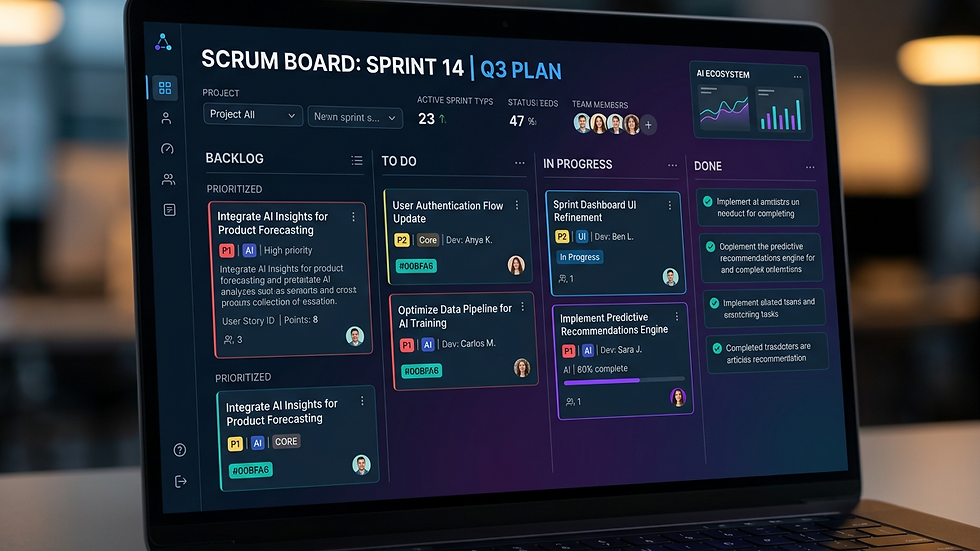 Close-up view of a laptop screen showing a Scrum board with prioritized tasks