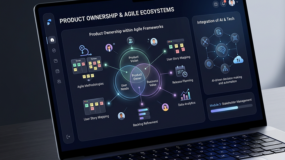 Close-up view of a laptop screen showing an online course about Product Ownership