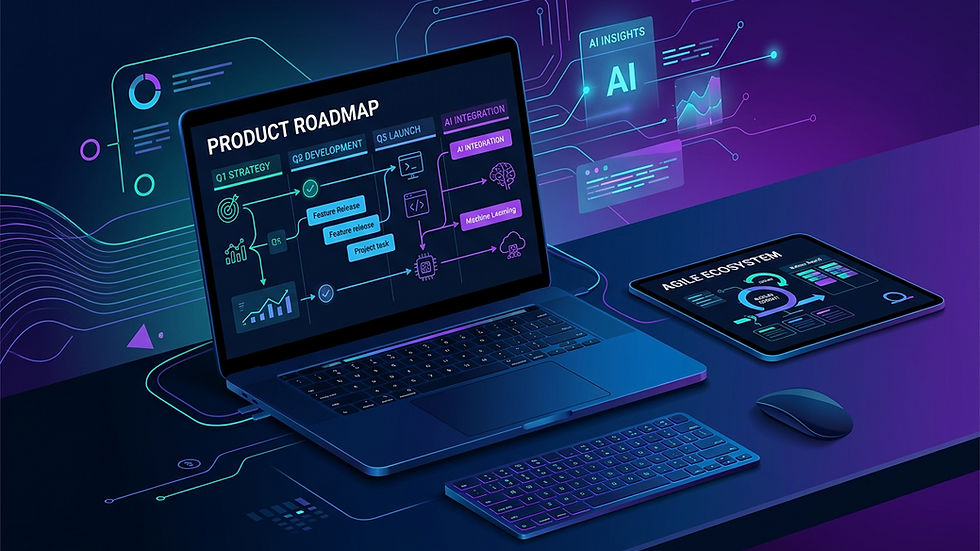 Eye-level view of a modern office desk with a laptop and product roadmap on screen