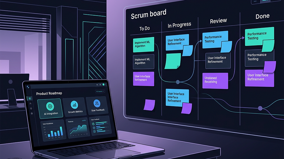 Eye-level view of a modern office desk with a laptop and Scrum board