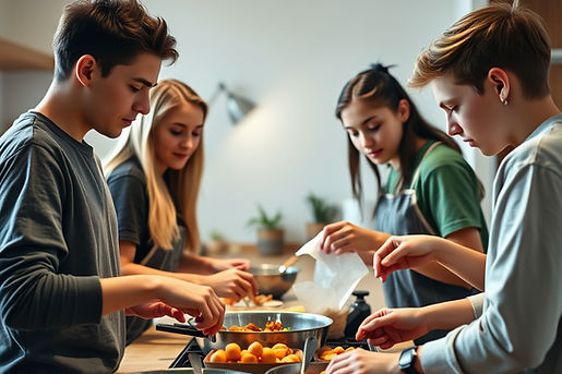 a group of teens cooking together, looking comfortable and calm.jpg