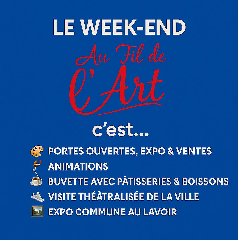🎨✨ 7ème Édition du Parcours d’Art ✨ Nous avons le plaisir de vous inviter à la 7eme édition du Parcours d’Art qui se déroulera le week-end du 27 et 28 septembre 2025 à Carrières-sur-Seine. 🖼️ les portes de nos 5 ateliers d’artistes et d’artisans d’art vous sont ouvertes pour découvrir et échanger avec nos artistes et invités. 👉🏼 D’autres artistes exposeront dans le lavoir, monument historique, et d’autres seront place Fil’Art en face du Lavoir. 🆕 une visite théâtralisée de la ville est également au programme ! 🍰 Une buvette et des pâtisseries délicieuses pour une pause gourmande, ainsi qu’une brasserie artisanale. 🎭 Venez rencontrer les artistes et artisans échanger avec eux et vivre une expérience culturelle inédite ! Un jeu pour petits et grands vous permettra de gagner des lots. Un moment ludique pour toute la famille ! 🗓 Le samedi 27 et dimanche 28 septembre, de 14h à 19h 📍 Carrières-sur-Seine, dans les ateliers, le Lavoir. Entrée libre et gratuite ! Ne manquez pas cet évé