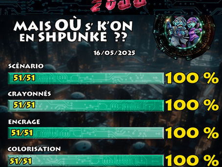 Mais alors que reste il avant la sortie ? Et bien : la couverture (avant, dos, 4e de couv), et les pages "bonus" intérieur...on vous reserve de petites surprises, donc nous de dévoilerons rien ... si ce n'est qu'il y aura des Bonus dans le livre ... et hors du livre ... Pour l'instant nous avançons sur plusieurs pages en même temps ... donc aucune n'est comlétement finie. mais on peut dire que nous sommes déjà à 25% de l'ensemble...peut etre plus (je vous rassure ça va beaucoup plus vite que pour les pages de BD) Et ensuite qu'en est il de l'impression : Nous avons vu avec l'imprimeur une fois que la commande sera lancée (avec tous les élements définitifs), il faudra compter entre 3 et 4 semaines d'impression.  On y est pas encore, mais on voit le bout du tunnel..