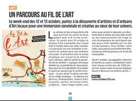 Nouvel article sur "Carrières Magazine" Numéro 111 de juillet 2024 Au Fil de l’Art est une association qui a pour vocation de rassembler les artistes et artisans d’art professionnels du village de Carrières-sur-Seine. Notre objectif est de mutualiser nos compétences et nos énergies pour développer de nouveaux événements au sein de notre ville dans le but de partager avec le public, nos savoir-faire et nos passions. Tous les ans début octobre, vous pouvez découvrir notre parcours d'Art, d'ateliers en ateliers, dans les rues du vieux village de Carrières sur Seine. Nous organisons des expositions et démonstrations, des parcours artistiques de découverte des métiers d’art. Vous pouvez découvrir le travail de nos artistes, nous suivre, venir à notre rencontre lors de nos prochains événements.