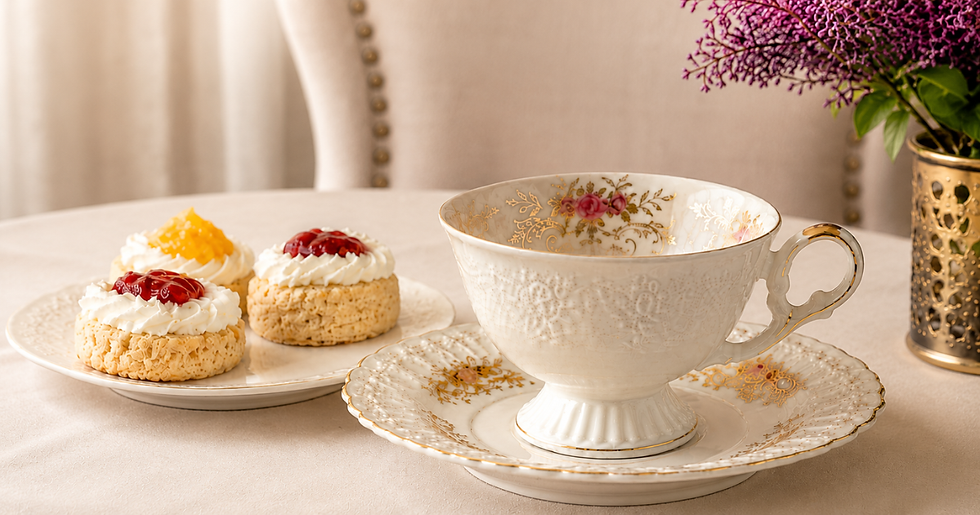 Elegant afternoon tea setting at Panache Tea Boutique with fine china, scones, and lilac flowers.