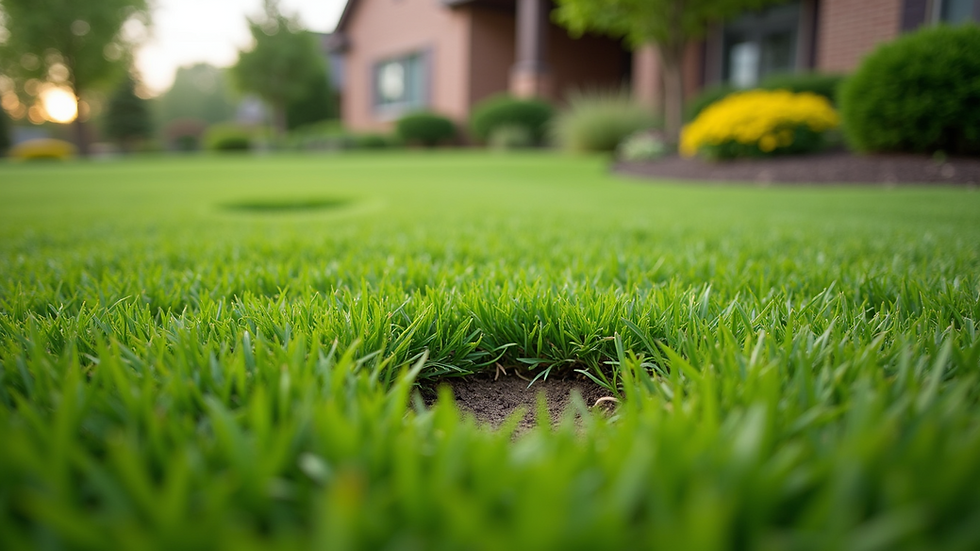 Close-up view of aeration holes in a commercial lawn