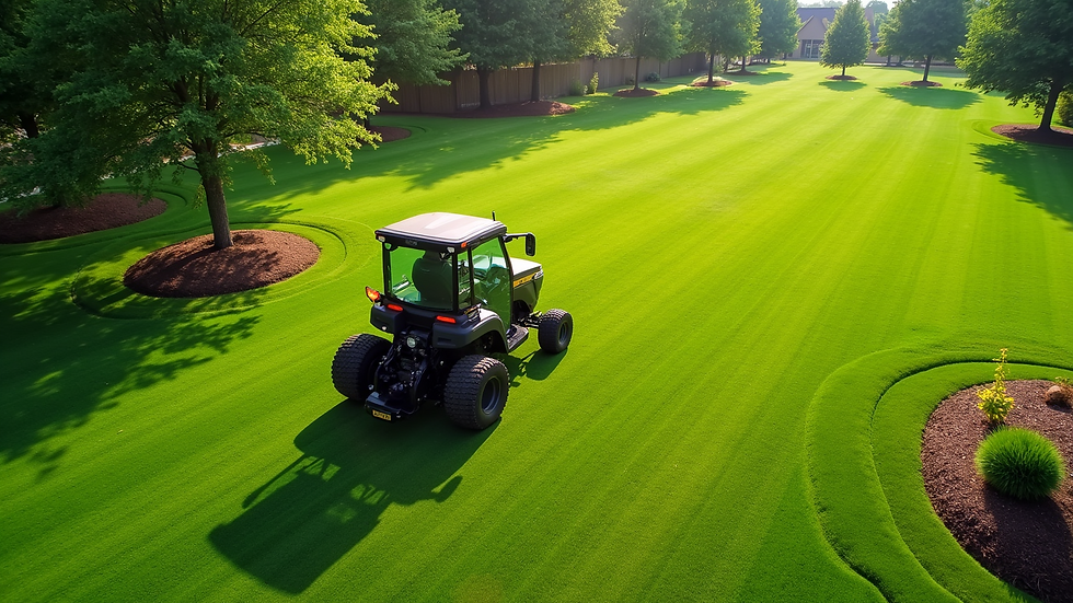 High angle view of a commercial lawn mower in action on a green field