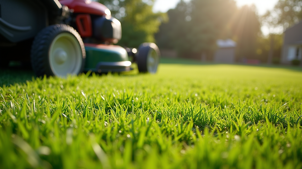 Close-up view of a lawn mower cutting grass in early fall