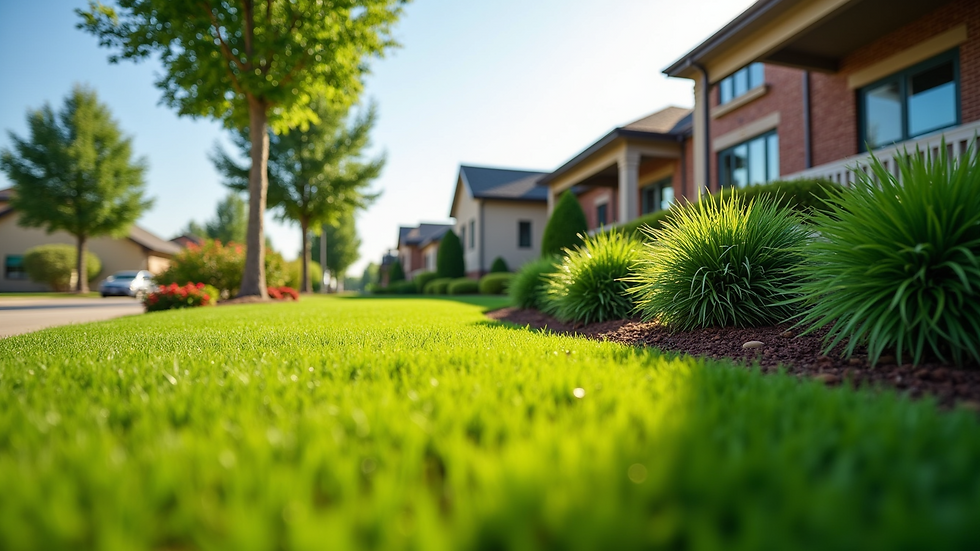 Eye-level view of a commercial property with drought-resistant plants and efficient irrigation system