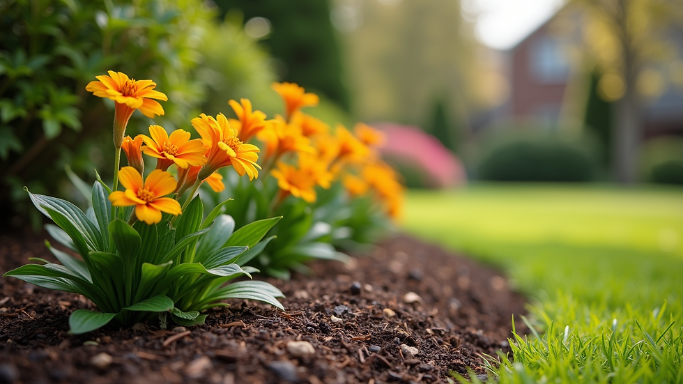 Close-up view of a landscaped flower bed with mulch and seasonal flowers