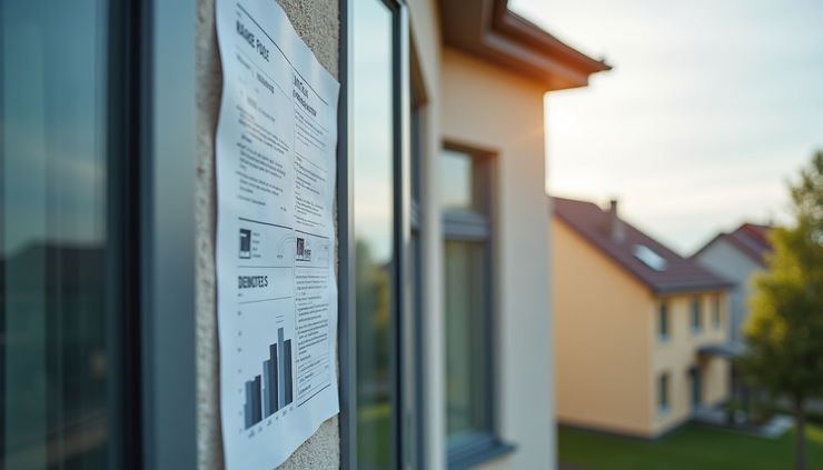 Vista frontale di un edificio residenziale con documenti tecnici sovrapposti