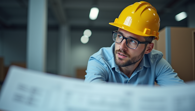 Vista laterale di un tecnico che esamina planimetrie e documenti edilizi