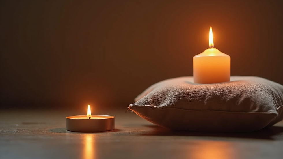 Close-up view of a meditation cushion and a burning candle