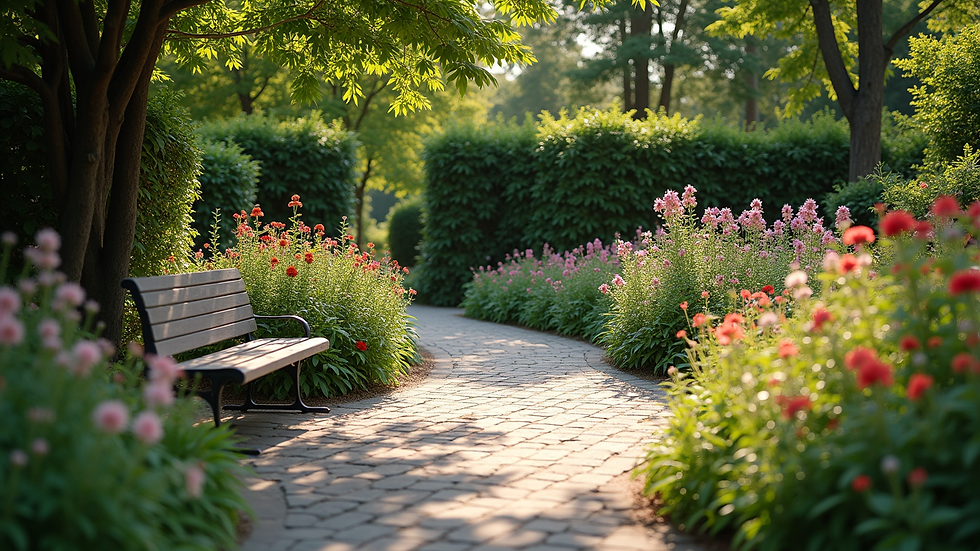 high angle view of a peaceful garden with a bench and blooming flowers