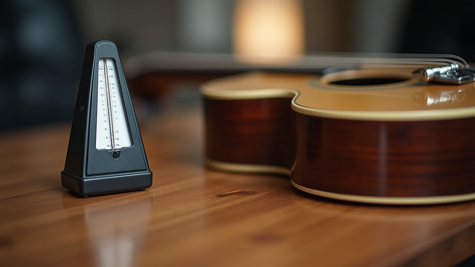 Eye-level view of guitar and metronome on a wooden table