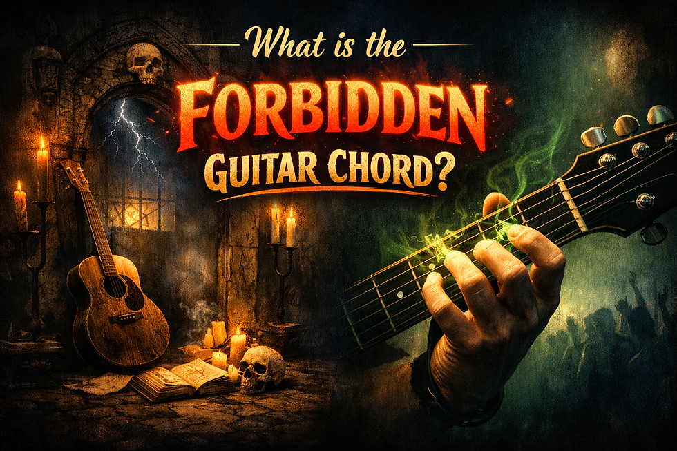 Gothic poster: acoustic guitar, fretting hand, candles and skulls, with text What is the FORBIDDEN GUITAR CHORD?