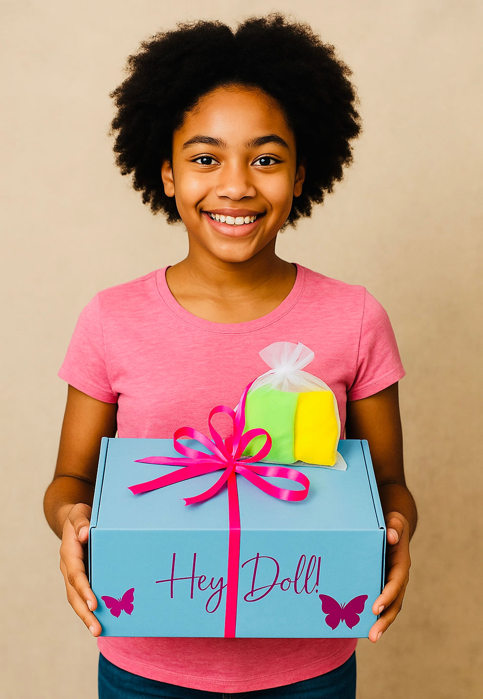 Smiling girl proudly holding a birthday present with Hey Doll! wrapping paper.