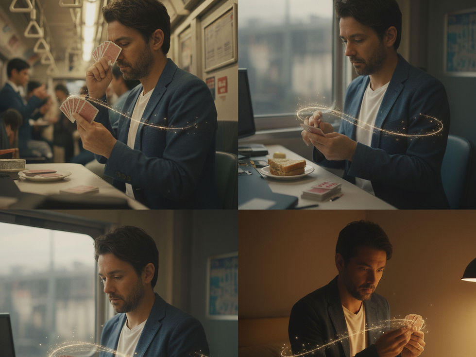 様々な場所でトランプを触っている男性