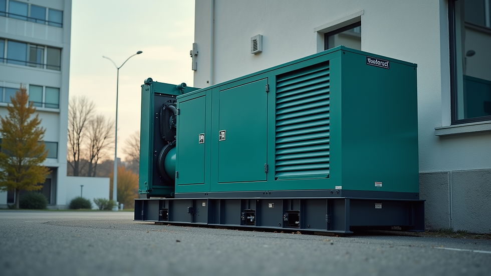 Eye-level view of a silent diesel generator installed outside a commercial building