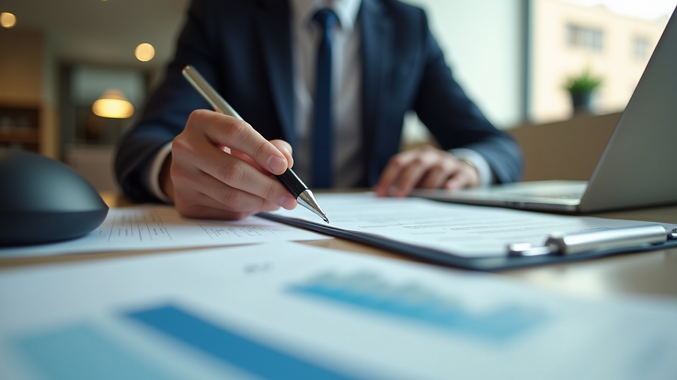 Eye-level view of a small business owner reviewing financial documents at a desk