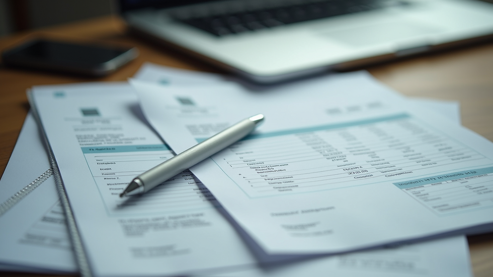 Eye-level view of a desk with organized invoices and a laptop