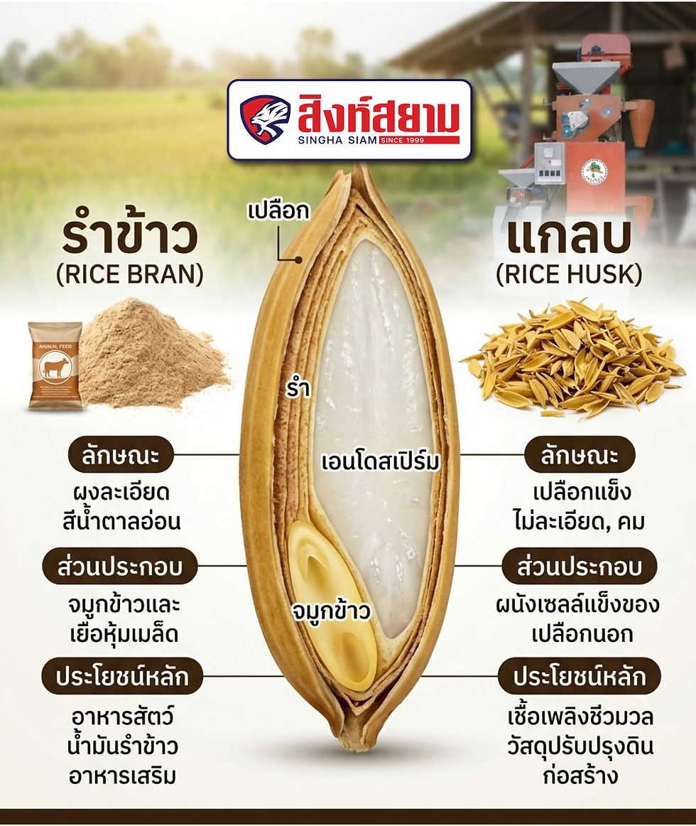 1. 🔍 ทำความรู้จักกับชีวมวลจากเครื่องสีข้าว
เมื่อเรานำข้าวเปลือกเข้าเครื่องสีข้าว สิ่งที่เราจะได้ออกมานอกจากเมล็ดข้าวสาร คือ วัตถุเหลือใช้จากการสีข้าวสองชนิดหลักๆ ได้แก่:











- แกลบ (Rice Husk): เปลือกแข็งหุ้มเมล็ดข้าว มีสัดส่วนประมาณ 20-25% ของน้ำหนักข้าวเปลือก
- รำละเอียด/รำหยาบ (Rice Bran): ส่วนที่ขัดออกจากเมล็ดข้าว แม้ส่วนใหญ่จะใช้ทำอาหารสัตว์ แต่ในเชิงพลังงาน รำหยาบสามารถนำไปแปรรูปได้เช่นกัน
