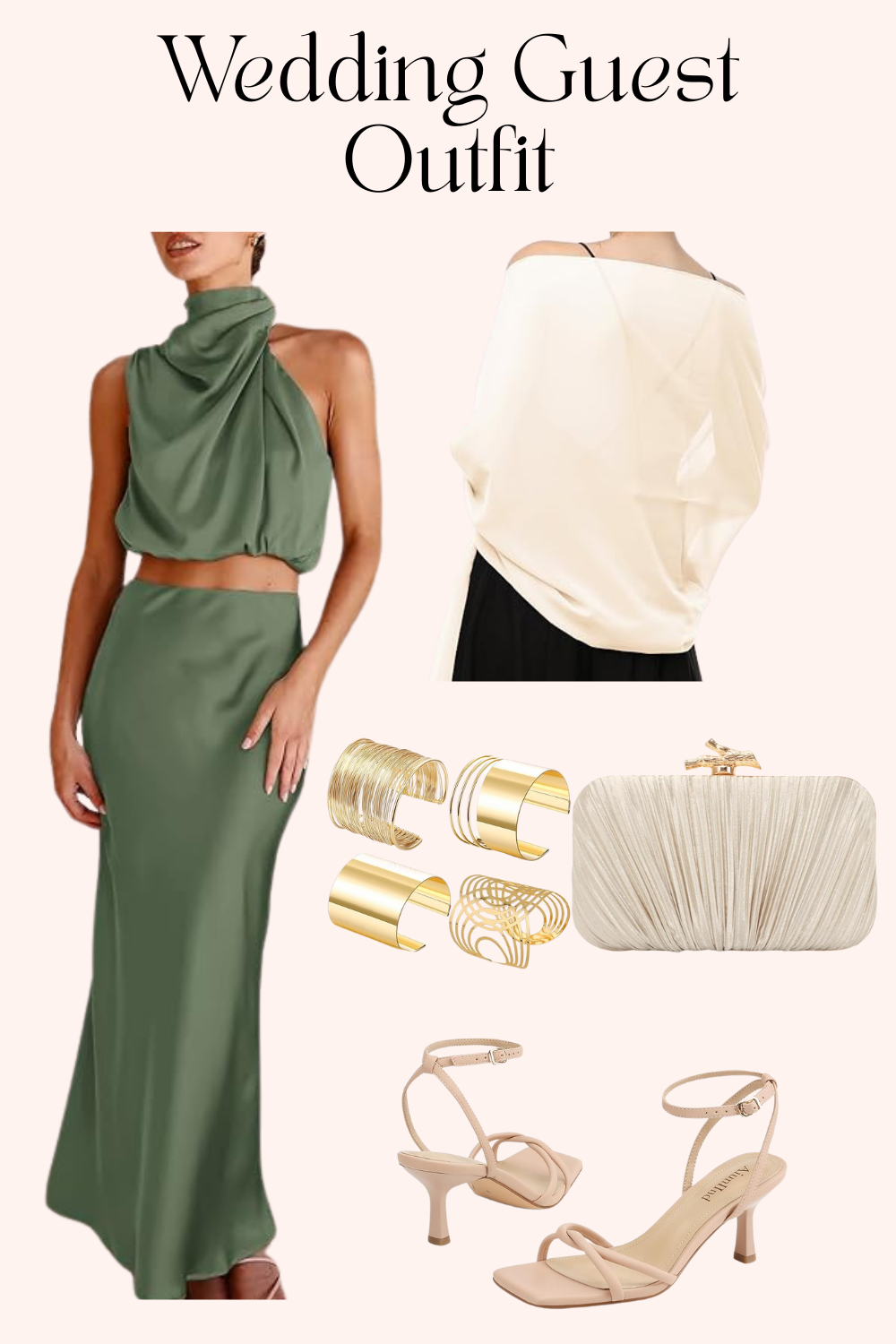 Elegant Wedding Guest Outfit Idea | Green Satin Set + Gold Accessories