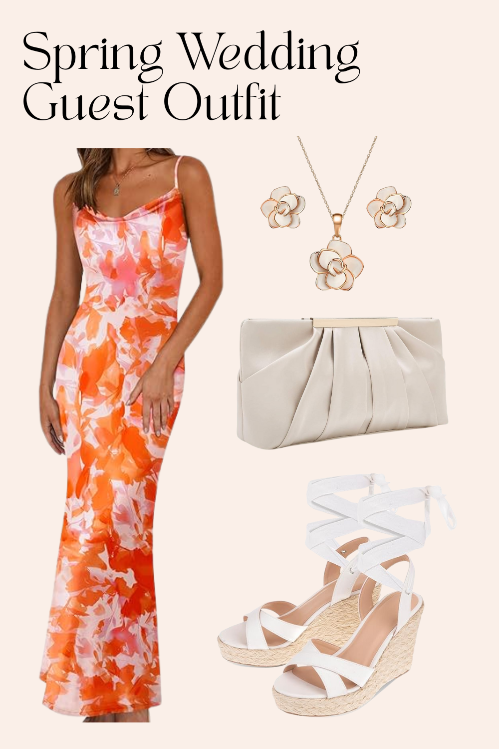 Spring Wedding Guest Outfit | Orange Floral Maxi Dress Look